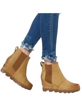 Sorel Chelsea Joan Of Arctic Wedge ll Leather Boots Womens 7.5 Camel Brown NL302